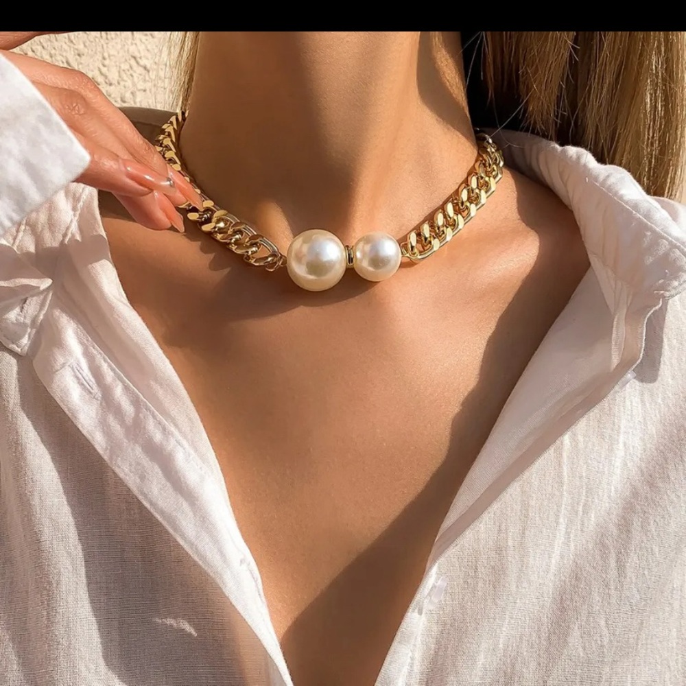 Punk Cuban Chains Necklaces Women Gothic Imitation-Pearl Pendant Necklace Girl